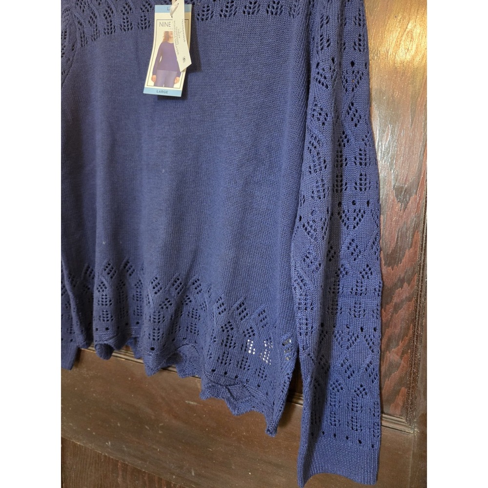 Nine West Sweater Womens Large Blue Knit Scalloped Pattern Navy Crochet New - Picture 4 of 12